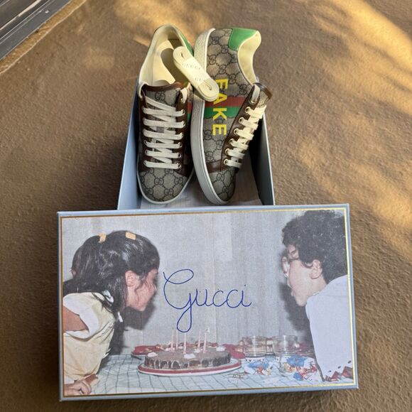 GUCCI Ace Supreme Leather Fake Not Canvas Print Sneaker Women's Brown EU 37 - Picture 2 of 12